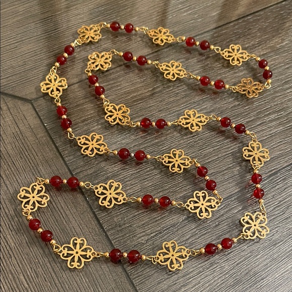 Vintage Elegant Filigree Station Gold and Red Floral Necklace - Picture 1 of 15